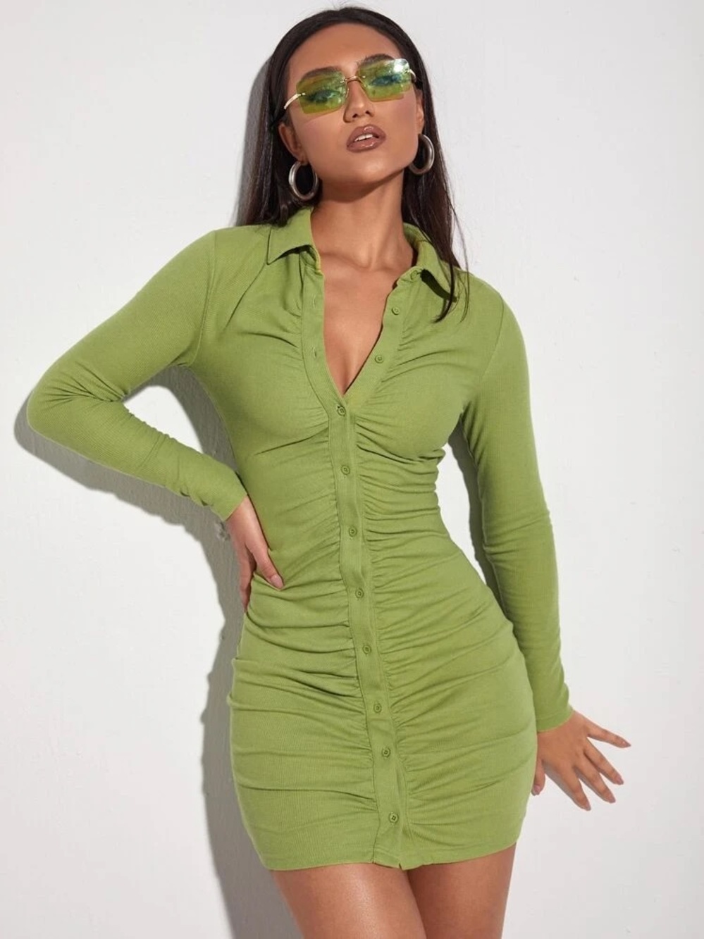 Women’s Sage Green Ruched Button-Front Dress